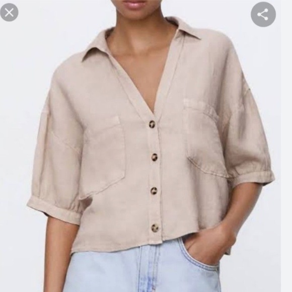 Zara cropped linen shirt beige small - Picture 2 of 6